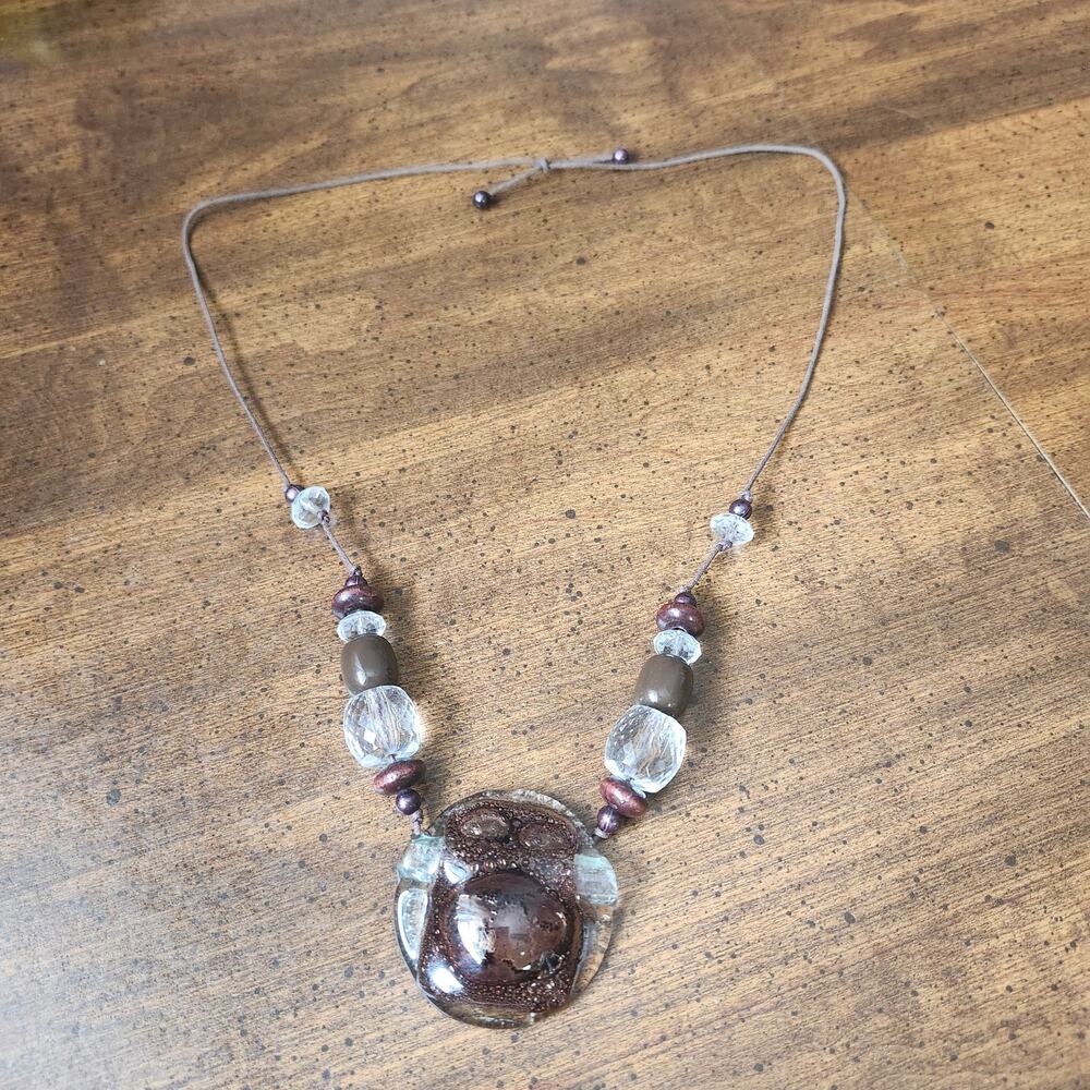 Brown Art Glass Pendant Wood Bead Cord Necklace Adjustable Boho Chunky‎